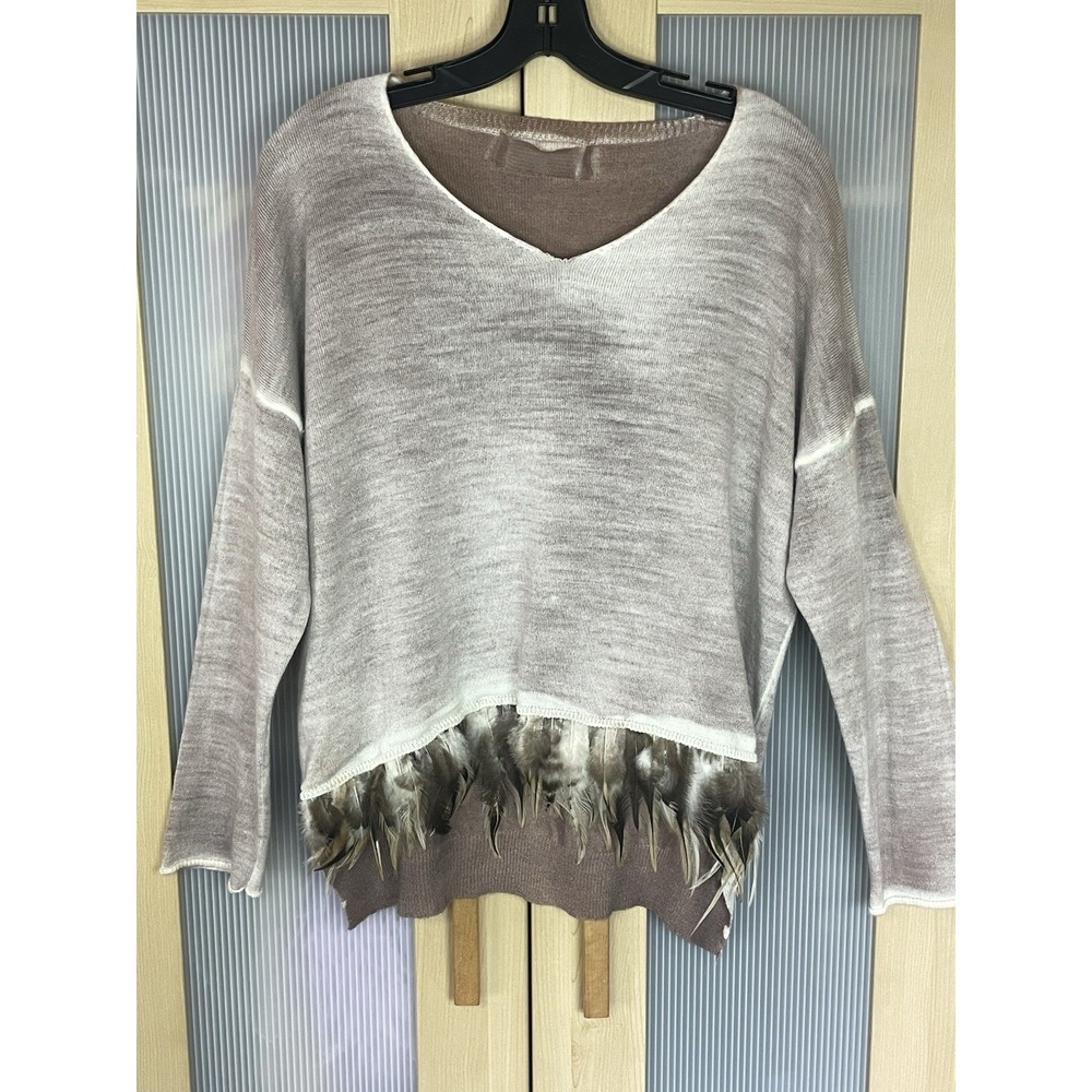 Wool Sweater‎ Womens Sz M Pullover Textured Feather Fringe Trim Boho Lightweight